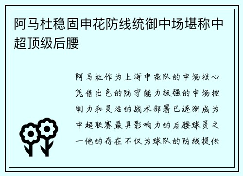 阿马杜稳固申花防线统御中场堪称中超顶级后腰 阿马杜稳固申花防线统御中场堪称中超顶级后腰