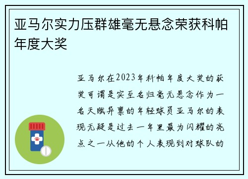 亚马尔实力压群雄毫无悬念荣获科帕年度大奖 亚马尔实力压群雄毫无悬念荣获科帕年度大奖